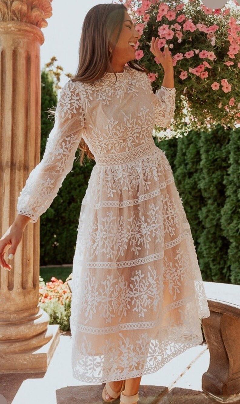NWT Ivy City Co Sicily Floral Lace Midi Dress Nude Champagne Lining Wedding Sz 8